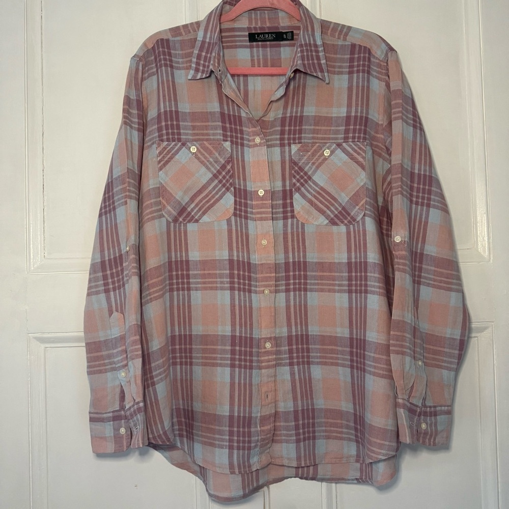 Lauren Ralph Lauren Pastel Plaid 100% Linen  Shirt - XL